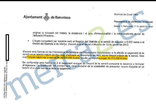 Carta enviada a un piso multado con 600.000 euros, ofreciendo un descuento por pronto pago hasta los 250.000.