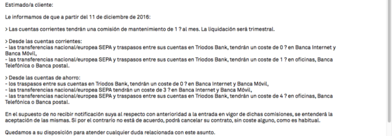 Carta enviada a los clientes de Triodos Bank a través del correo electrónico. 