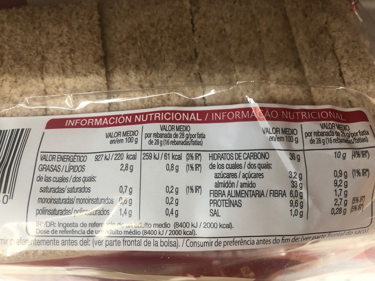 ingredientes del pan bimbo integral