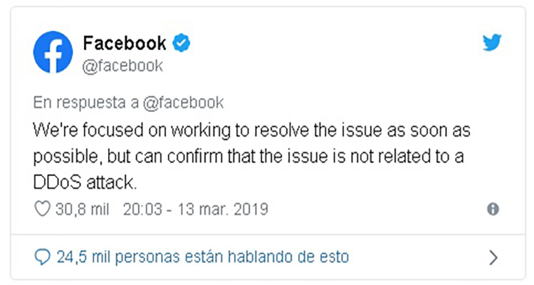 Mensaje oficial de Facebook negado un ataque DDoS