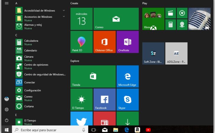 Menú de Inicio en Windows 10
