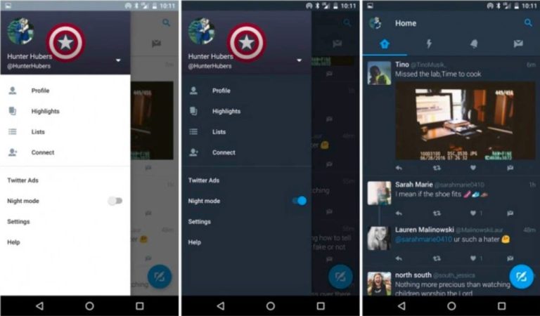 Twitter app de Google Android con modo oscuro