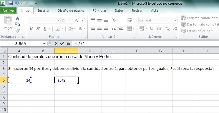 Excel division entre 2 de una celda