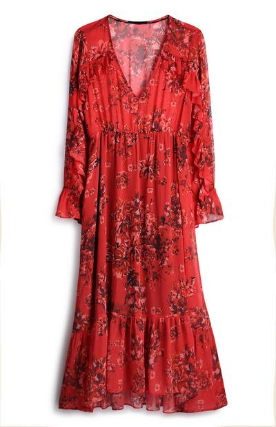 Vestido Midi rojo de flores en Primark