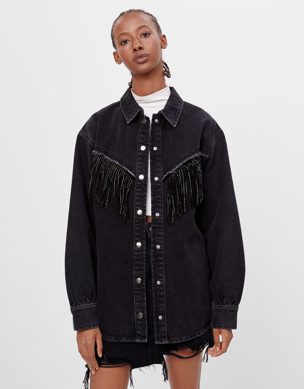 sobrecamisa flecos bershka