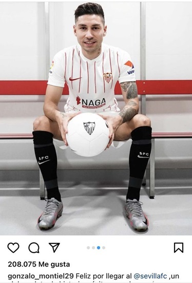 Imagen del argentino Gonzalo Montiel, flamante incorporación del Sevilla FC, luciendo la nueva camiseta con el patrocinio de Naga (Fuente: @gonzalo_montiel29)