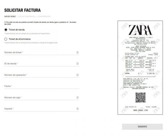Ticket digital de Zara