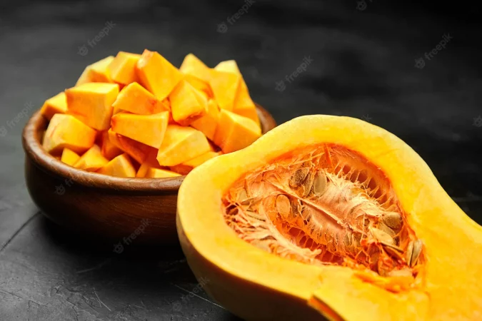 calabaza picada mitad calabaza trozos verduras frescas tazon madera sobre mesa piedra negra enfoque selectivo ingrediente alimenticio 161301 367 Merca2.es