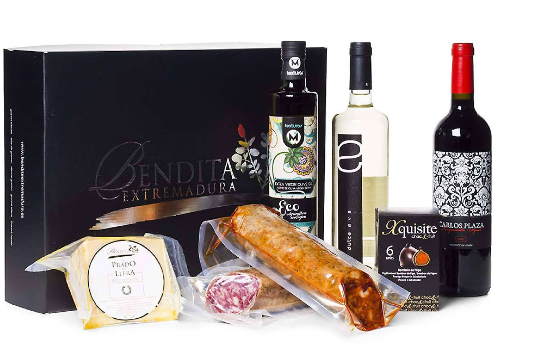 Gran variedad de productos en las cestas gourmet de Bendita Extramadura