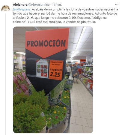 Tweet de queja de una usuaria contra Lidl