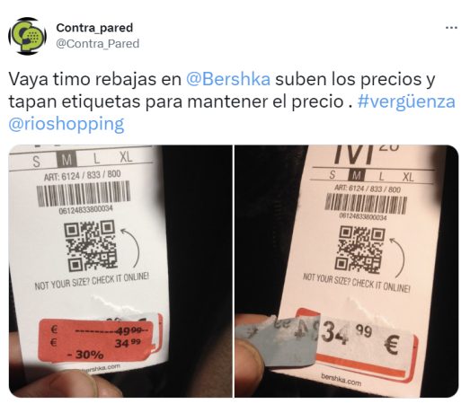 Tweet denunciando el reetiquetado en Bershka