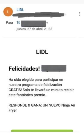 El contenido del correo falso de Lidl