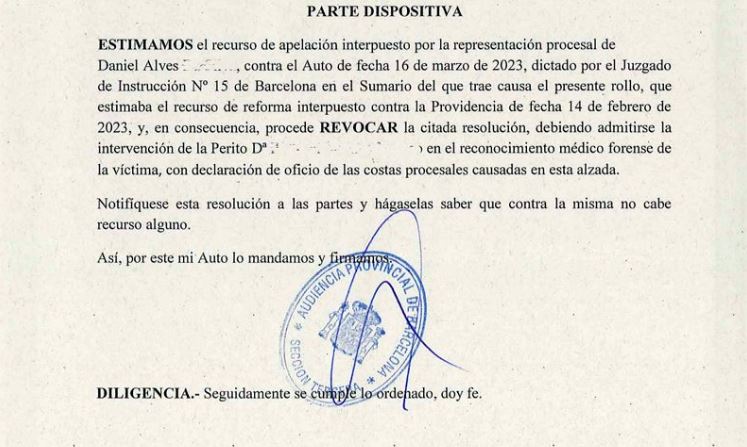 La Audiencia de Barcelona estima el recurso de apelación de Dani Alves y permite la presencia de una perito de la defensa en el examen médico-forense de la denunciante