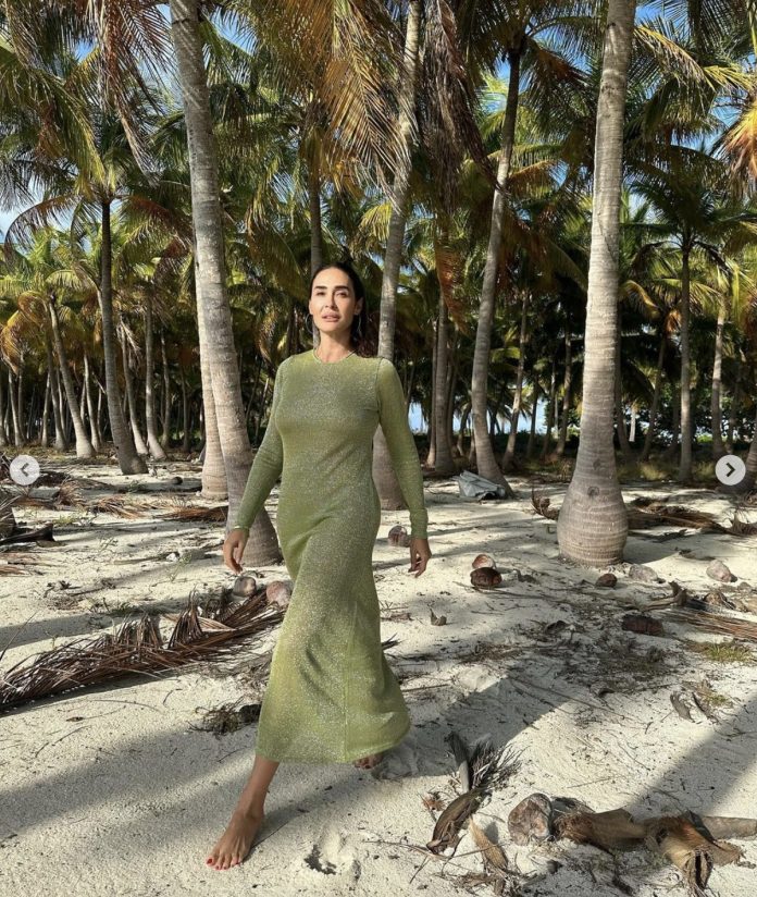 Ya puedes hacerte con este vestido largo con transparencias verdes que lleva Vicky Martín Berrocal en Zara