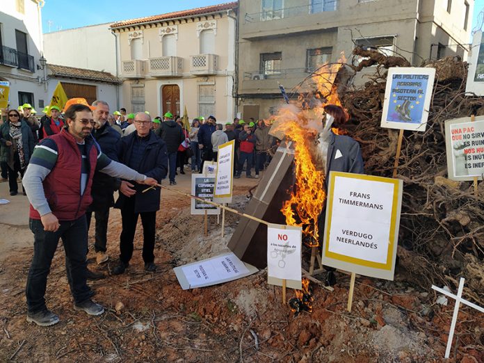 Agricultores y ganaderos valencianos han quemado este viernes una montaña de cepas y sarmientos en una 'hoguera del vino'