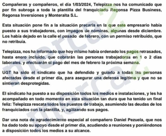 Comunicado que realiza UGT con la solución del conflicto entre Regonsa y Telepizza.