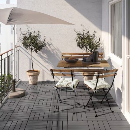 TÄRNÖ Mesa con 2 sillas y banco exterior, tinte negro/marrón claro/Kuddarna beige