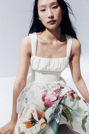 Vestido estampado en mezcla de lino