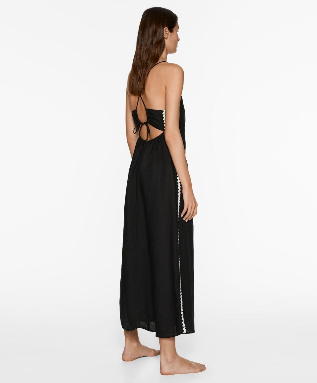 Vestido largo tirantes con lino bordado lateral