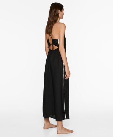 Vestido largo tirantes con lino bordado lateral
