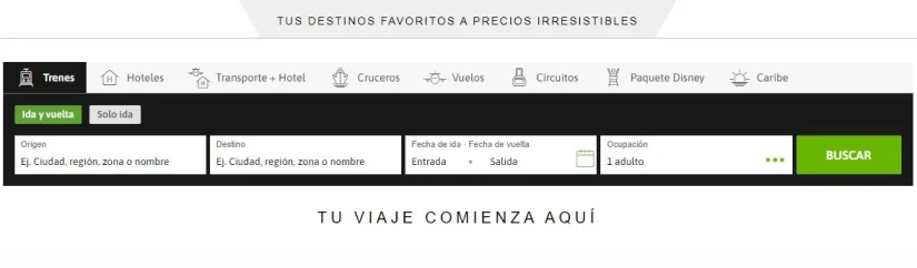 Viajes El Corte Inglés lanza una plataforma de reservas para viajar en tren 1 Merca2.es Captura de pantalla plataforma trenes VECI Merca2.es
