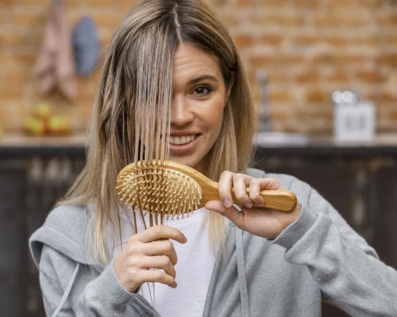 smiley woman brushing her tangled hair Merca2.es