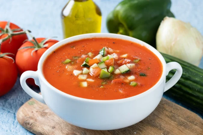traditional spanish gazpacho soup bowl blue background Merca2.es