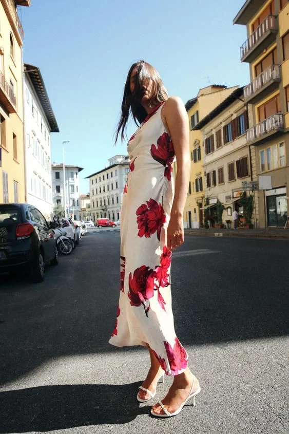 VESTIDO MIDI SATINADO ESTAMPADO FLORAL