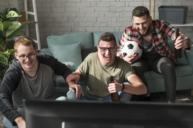 front view heerful male friends watching sports tv with football Merca2.es
