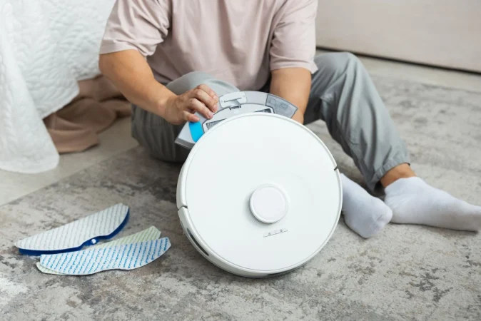 front view man with robotic vacuum cleaner home Merca2.es