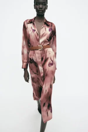 VESTIDO MIDI SATINADO ESTAMPADO CINTURÓN
