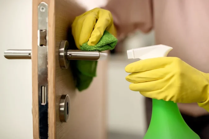 cloeup woman disinfecting door handle home Merca2.es