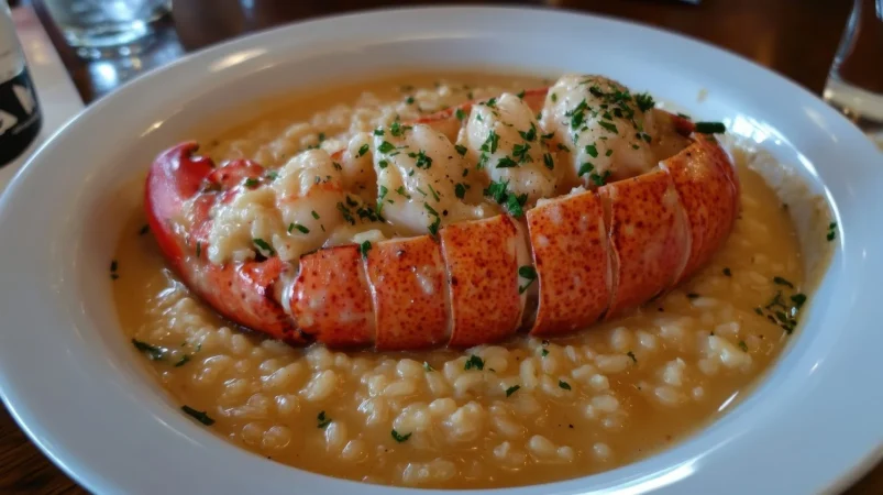 Arroz caldoso con bogavante o carabineros: Un verdadero manjar del mar 5 Merca2.es delicioso risotto de langosta en un plato blanco con textura cremosa y hierbas Merca2.es