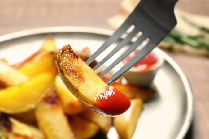 horquilla con deliciosa rodaja de papa al horno y salsa primer plano Merca2.es