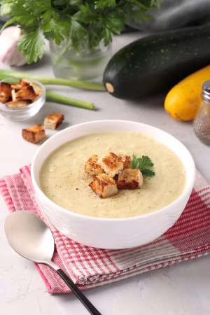sopa cremosa pollo calabacin servida crutones pan blanco tazon blanco sobre superficie gris formato vertical 130716 2382 Merca2.es