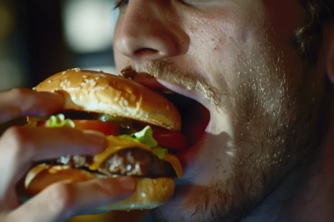 un primer plano de una persona comiendo una hamburguesa adecuada para promociones de la industria alimentaria Merca2.es