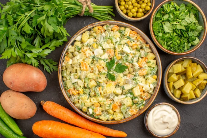 vista superior de deliciosa ensalada con verduras frescas en superficie oscura Merca2.es