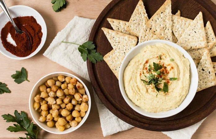 vista superior de nacho chips con hummus y salsa de tomate Merca2.es