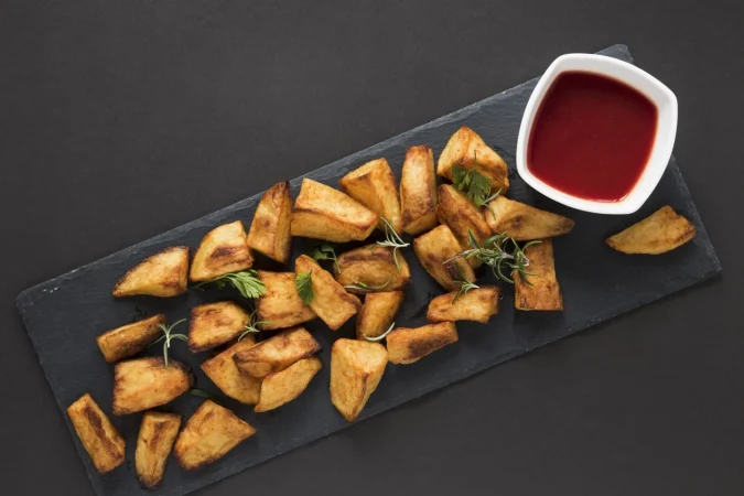 vista superior de papas cocidas con salsa de tomate en un tazon Merca2.es
