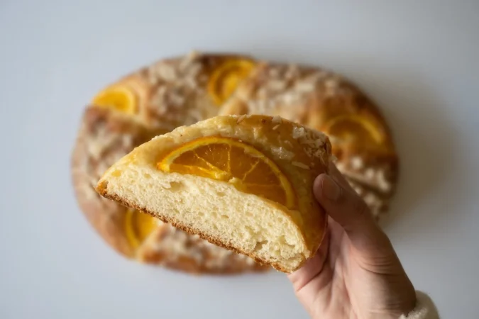 Te enseñamos a hacer la coca perfecta para celebrar la noche de San Juan 3 Merca2.es enfoque selectivo al trozo de roscon de reyes pan de los reyes magos fondo blanco concepto de dulces navidenos Merca2.es