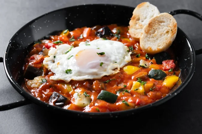 pisto manchego de verduras con tomates pimientos de calabacin cebollas berenjena y huevo servido en sarten Merca2.es