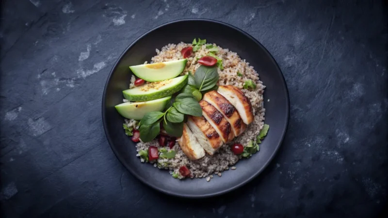 Ensalada de quinoa, pollo y verduras: Una explosión de sabor, frescor y nutrición 1 Merca2.es pollo la parrilla con aguacate y arroz en un plato negro Merca2.es