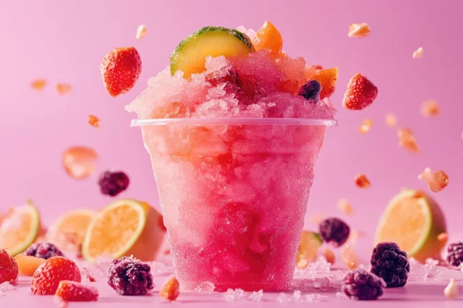 Aprende a hacer tu propio granizado casero: Delicias refrescantes para el verano 3 Merca2.es refrescante dulce de frutas en taza desechable sobre un fondo rosado 1 Merca2.es