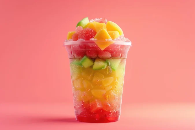 Aprende a hacer tu propio granizado casero: Delicias refrescantes para el verano 2 Merca2.es refrescante dulce de frutas en taza desechable sobre un fondo rosado 2 Merca2.es