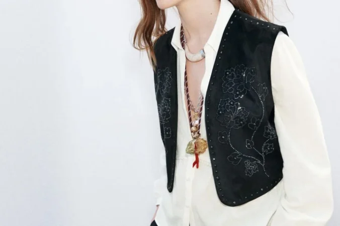 Zara te pone fácil y barato ir a la última con estos chalecos boho que le dan un toque cool a tu look 95 Merca2.es 3. Chaleco negro efecto ante con brillos: boho con power