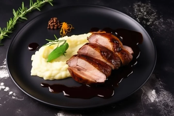 filete de pato glaseado con pure de patatas y salsa servido en un elegante plato de restaurante ai generativo Merca2.es