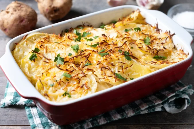 gratin de patatas horneadas con crema y queso en una mesa de madera 1 Merca2.es