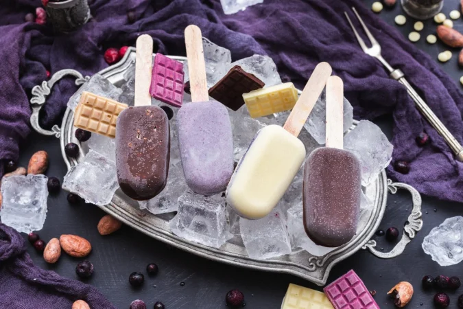 Descubre cómo hacer en casa deliciosos helados tipo 'Magnum' 2 Merca2.es hermosa foto de helados veganos caseros y barras de chocolate en cubitos de hielo en una placa de metal Merca2.es