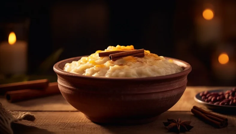 postre gourmet servido en mesa de madera con vela generada por ia Merca2.es