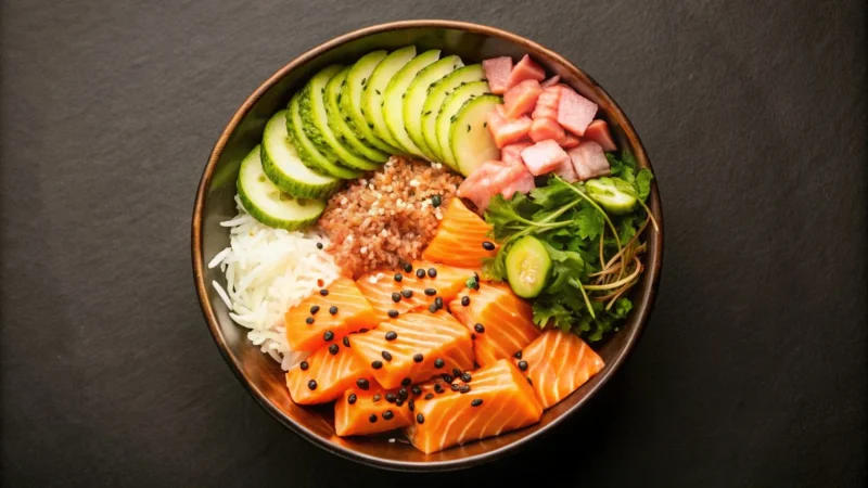 un plato de poke con arroz de salmon pepino y semillas de sesamo Merca2.es